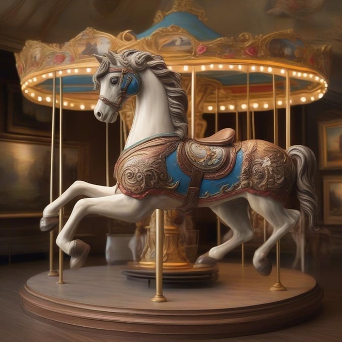 This majestic carousel horse, painted in vibrant colors of blue, gold, and white, seems ready to take its rider on a whimsical ride through a fantasy land. The intricate details of the saddle and reins evoke a sense of nostalgia for days gone by when such marvels were handcrafted with love and artistry.