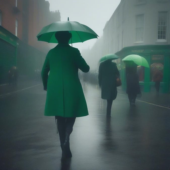 A festive St. Patrick's Day scene with people braving the rain to celebrate, wearing vibrant green attire and holding matching umbrellas.