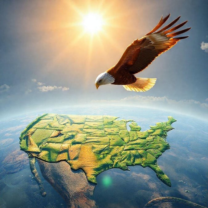 A beautiful eagle in flight against the backdrop of a sunlit map of the United States, symbolizing freedom and national pride.