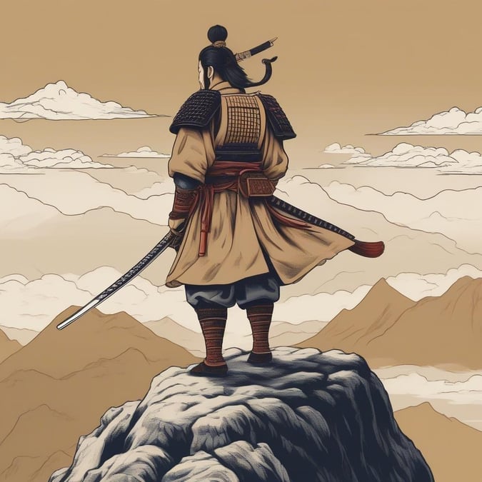 En modig samurai står på en klippig klippa och ser ut över ett molnigt landskap under en klar himmel.