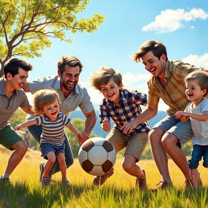 A heartwarming scene of a father and his son enjoying a game of soccer together, capturing the joy and love of Father's Day.