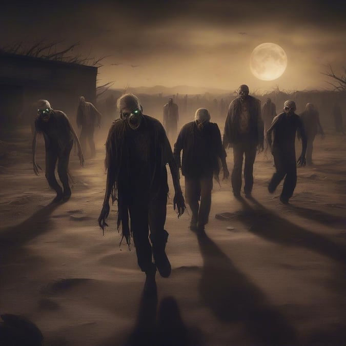 A group of zombies in a desolate landscape, trying to survive. The sky is dark with a full moon casting an eerie glow. This scene captures the spirit of Halloween.