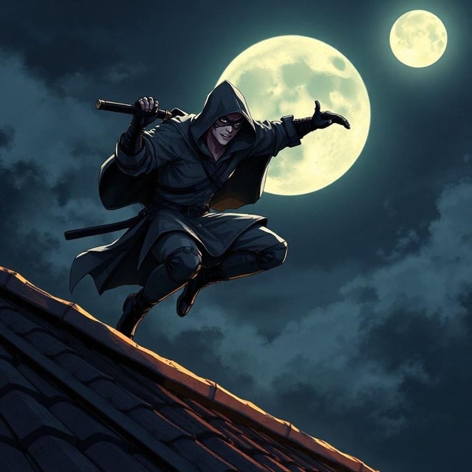 A captivating anime-style illustration of a stealthy ninja warrior, poised on a rooftop under the radiant glow of a full moon.