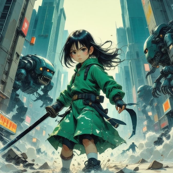 Diese Anime-Stil-Illustration fängt einen Moment der Action und Rebellion in einer futuristischen Stadtlandschaft ein, mit einem jungen Mädchen, das ein katana-ähnliches Wesen als Outfit trägt, vor der Kulisse von hoch aufragenden Wolkenkratzern und unheimlichen Robotern.