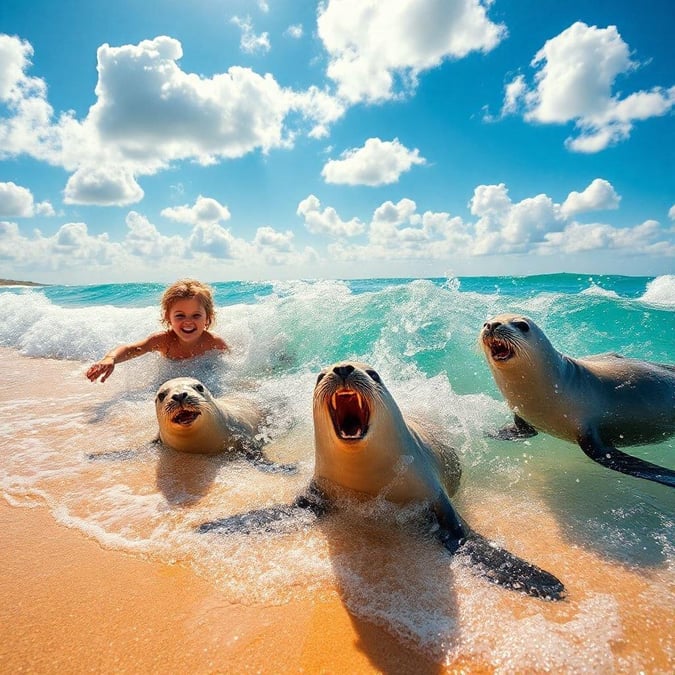 A delightful beach scene where a little girl gets to play with sea lions on the shore.