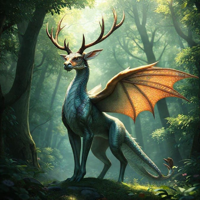 This dragon, with its horned head and wings, stands as a majestic explorer in the enchanted forest. Its intricate scales gleam amidst the misty morning dew.