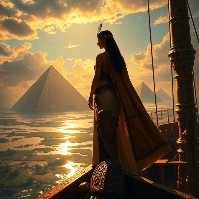 A serene and contemplative scene of an ancient Egyptian woman gazing out at the pyramids from a boat, set against the backdrop of a stunning sunset.