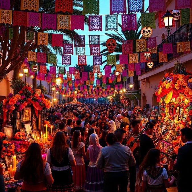 A lively street scene filled with vibrant colors and festive decorations, capturing the essence of a cultural celebration.