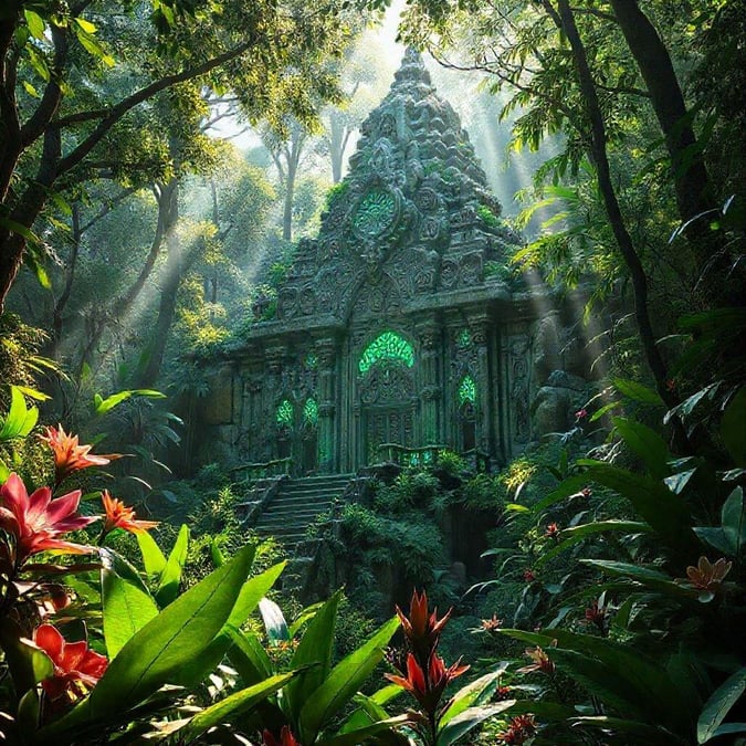 This image is a wallpaper of an ancient temple in the jungle. The temple is surrounded by lush greenery and vibrant flowers, creating a sense of mystery and adventure.