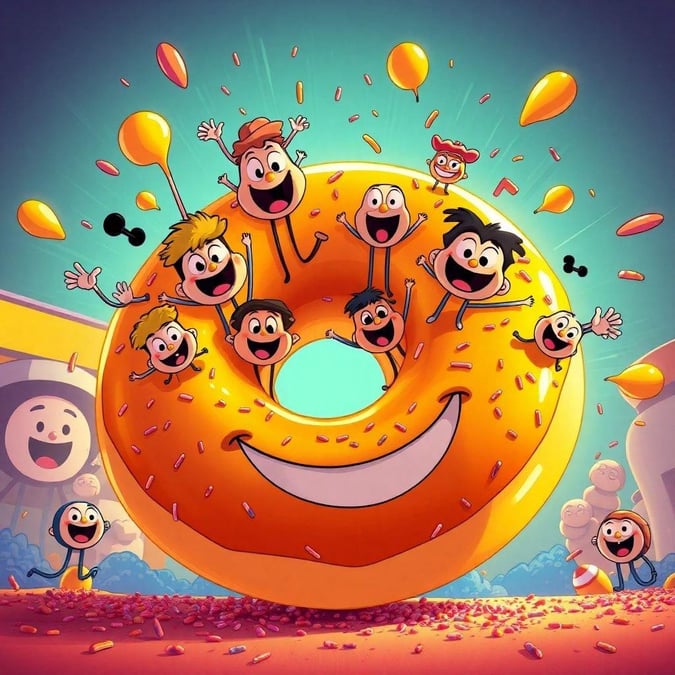 A lively scene from the popular cartoon featuring a bunch of characters celebrating with donuts.