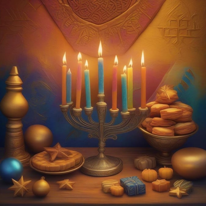 A warm and festive Hanukkah scene with lit candles, traditional treats, and a gold-plated menorah. A cozy celebration of joy and light.