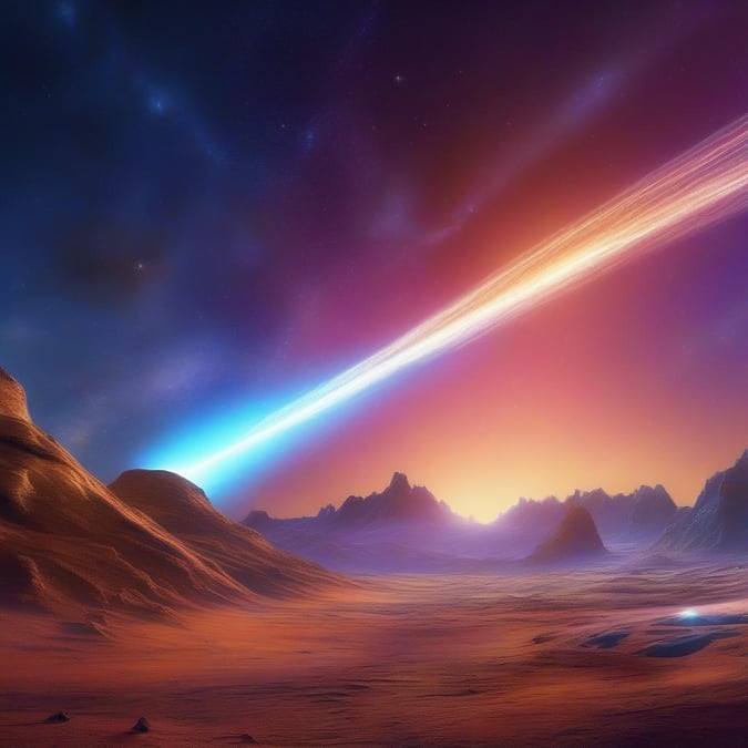 In this sci-fi landscape, the barren desert under a vibrant sky is disrupted by a large meteor streaking across the sky. The stark terrain and the celestial event create a dramatic scene of an alien world.