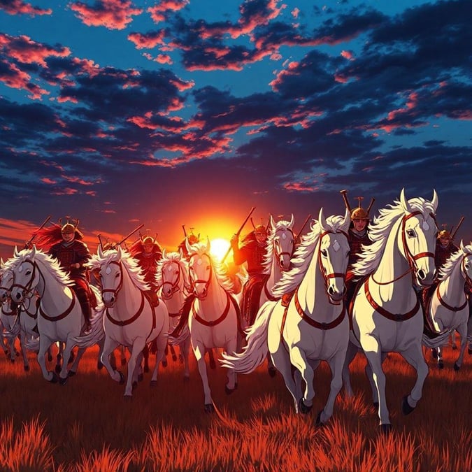 A stunning anime illustration of samurai warriors riding into battle, set against the backdrop of a fiery sunset. The powerful presence of the warriors is highlighted by the glow of the setting sun, while the white horses in the foreground add a touch of elegance to the scene. The dark blue sky in the background adds depth and drama to the illustration, creating an Anime-like atmosphere.