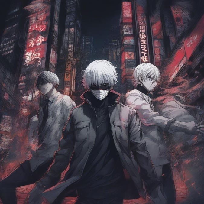 Get ready to immerse yourself in the vibrant world of anime with this stunning wallpaper featuring three iconic characters in the heart of the city. The dark, moody atmosphere and striking visuals make for a perfect blend of action and drama.