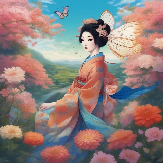 Dyk ner i den förtrollande världen av anime med denna fängslande bakgrund som visar en majestätisk geisha som rider på en trollslända mitt i ett fält av blommande blommor. Den centrala figuren, med sina stora vingar och genomträngande blå ögon, är omgiven av en frodig trädgård av livfulla blommor, medan bakgrunden bleknar in i en mjuk blå himmel, vilket skapar en förtrollande atmosfär.