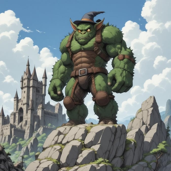 Esta ilustração de anime apresenta um colossal golem em pé sobre um afloramento rochoso, vigiando um antigo castelo. Os grandes olhos e as orelhas pontudas do golem adicionam um toque único à cena, enquanto seu vibrante casaco verde e marrom e o chapéu cinza escuro criam uma atmosfera caprichosa.