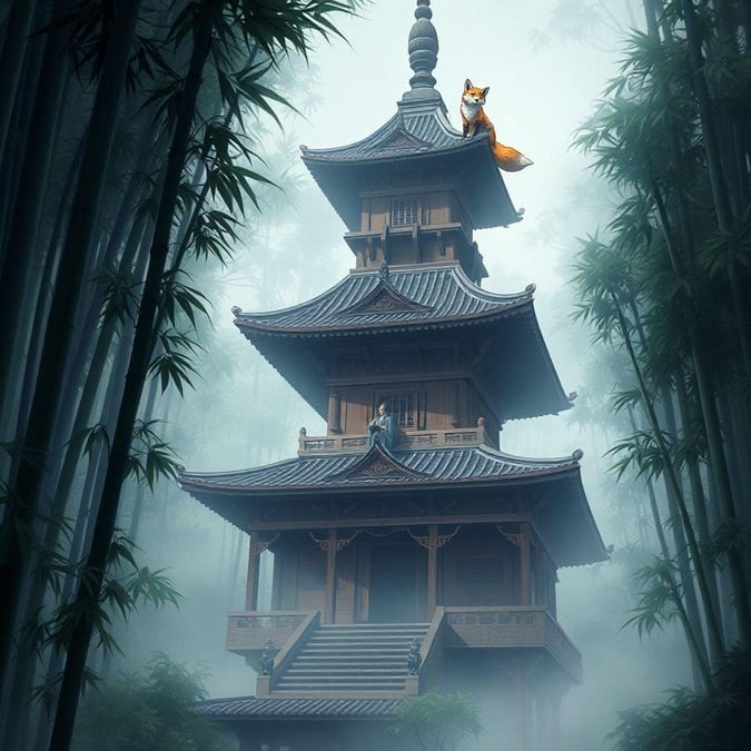 Step into a world of mystique and wonder with this breathtaking anime wallpaper. A majestic temple, nestled deep within a lush bamboo forest, beckons you to explore its secrets. The wise fox, perched atop the roof, adds a touch of human presence to the scene, inviting you to ponder the mysteries of the universe.