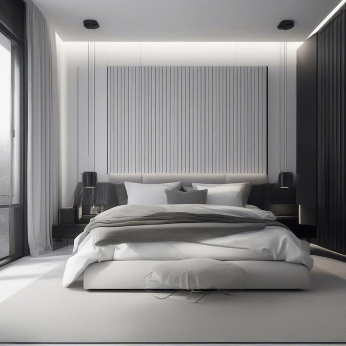 Sleek, minimalist bedroom setting with a large bed as the focal point. The room is bathed in soft lighting that creates a serene and stylish atmosphere.