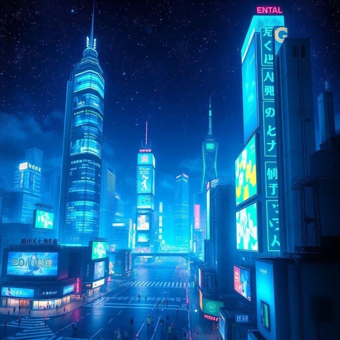 A lively and vibrant anime-style cityscape at night, showcasing towering skyscrapers with holographic advertisements in the midst of a bustling metropolitan scene.