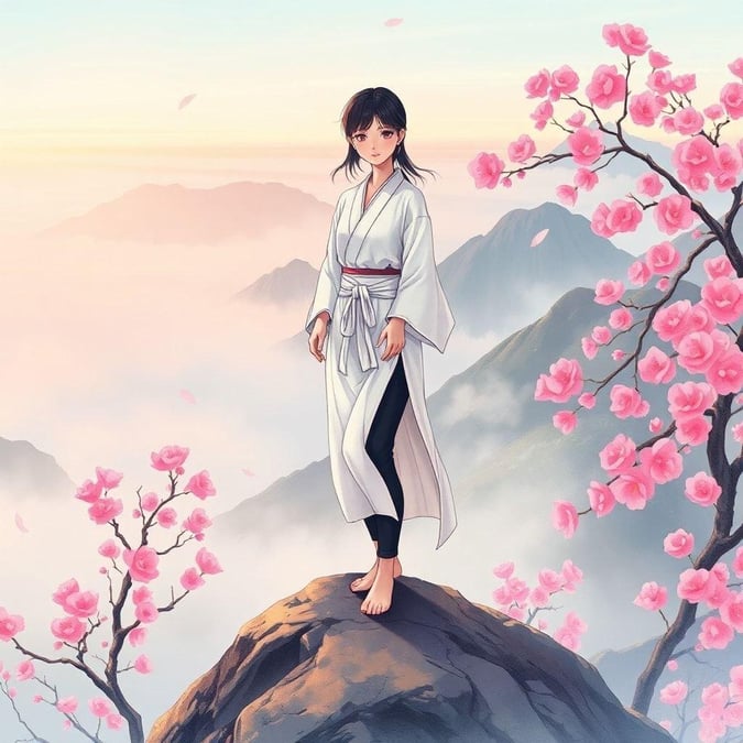 Immerse yourself in the tranquil beauty of this anime-style illustration, where a young woman stands atop a misty mountain peak, surrounded by the ethereal glow of pink cherry blossoms.