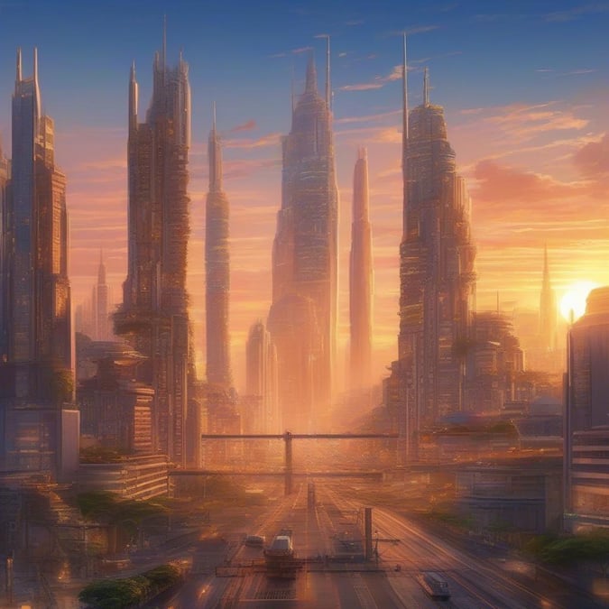 An anime-style illustration of a futuristic city filled with towering robots against the backdrop of a warm sunset. The city is bustling with activity, and the tall buildings rise into the sky. A grand bridge arches over the scene, adding to the sense of scale and wonder.