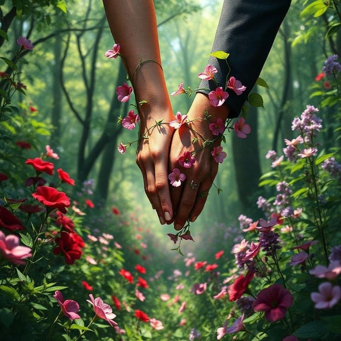 A romantic scene with a couple holding hands amidst nature, celebrating the love and beauty of Valentine's Day.