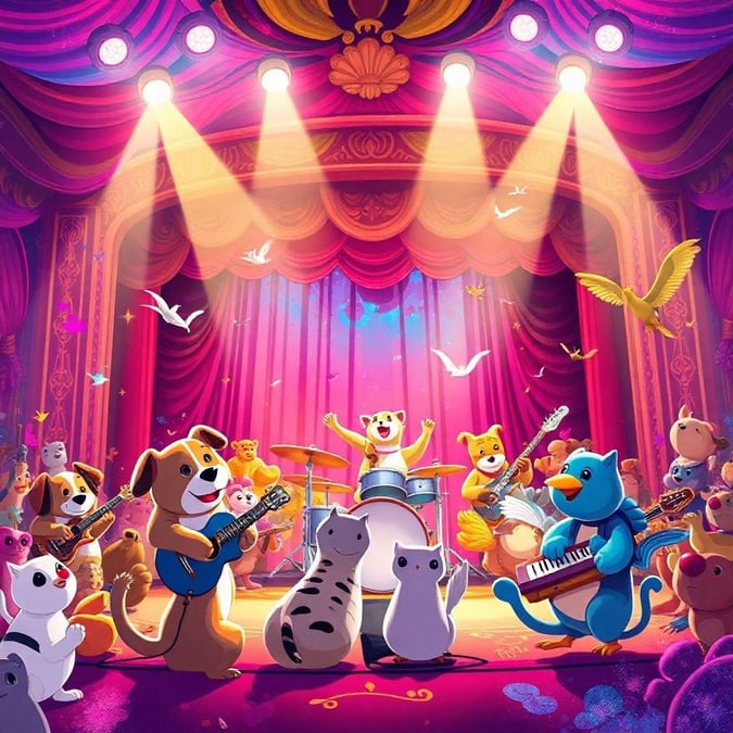 This wallpaper showcases a lively cartoon stage, where a diverse group of animals come together to celebrate music and joy. The stage is set with a grand curtain, spotlights, and a drum set, creating an energetic atmosphere.