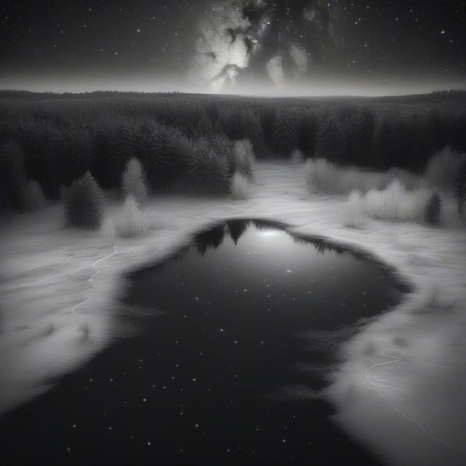 A tranquil night scene featuring a dark, moonlit pond surrounded by trees. The calm water reflects the starry sky and distant lights, creating a serene atmosphere that speaks of peaceful evenings under the glow of the celestial body.