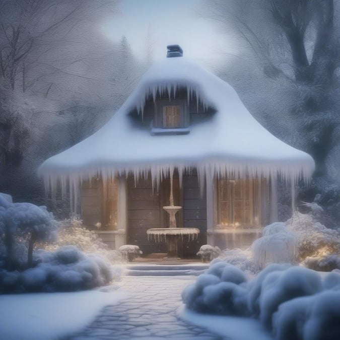 A charming cabin blanketed in snow, with icicles hanging from the roof, evoking a festive winter atmosphere. The image is perfect for desktop and mobile wallpaper use under the category of 'Festive Winter'.