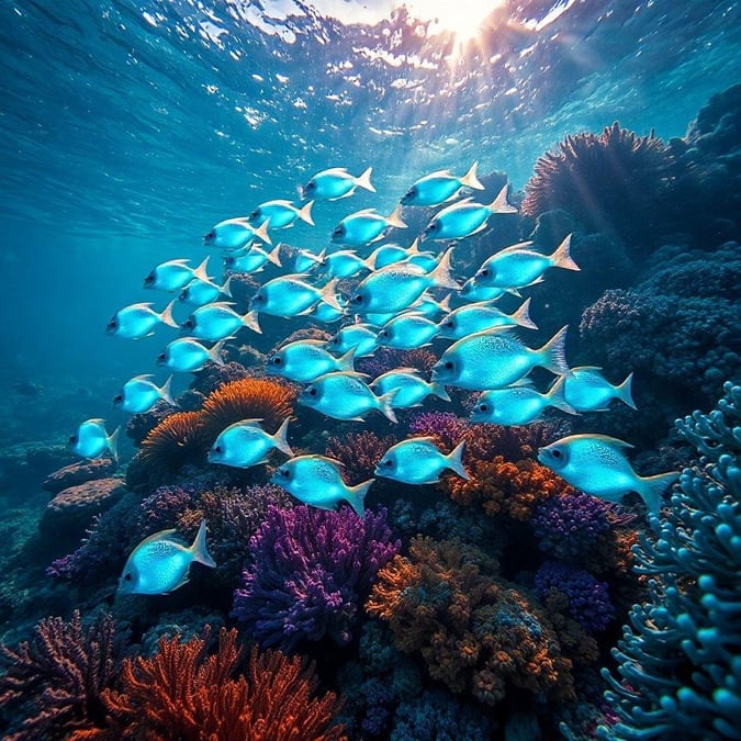 A vibrant coral reef teeming with thousands of tropical fish, captured from below.