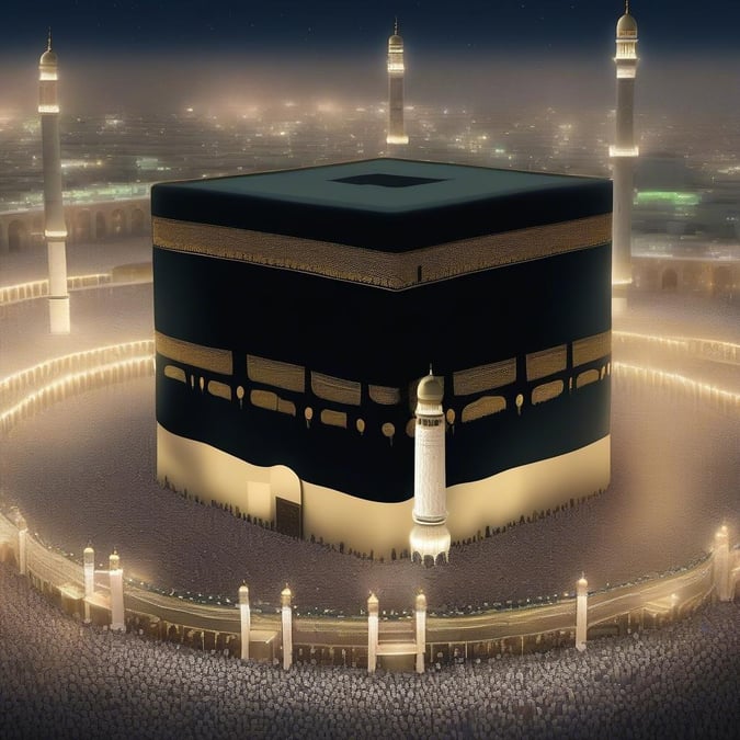 Crowds gathered around the Kaaba, a significant site for worship in Islam, with lights and reflections illuminating its surface.