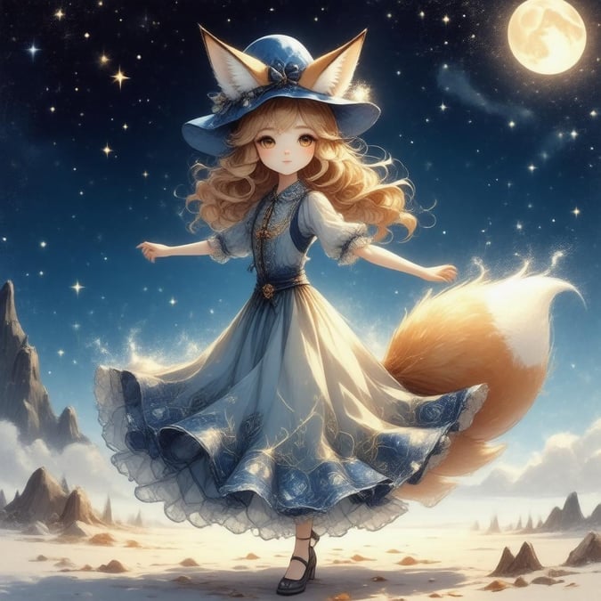 A beautiful and detailed digital illustration of an ethereal fox girl dancing under a starry night sky, her body adorned with intricate patterns and a blue hat.