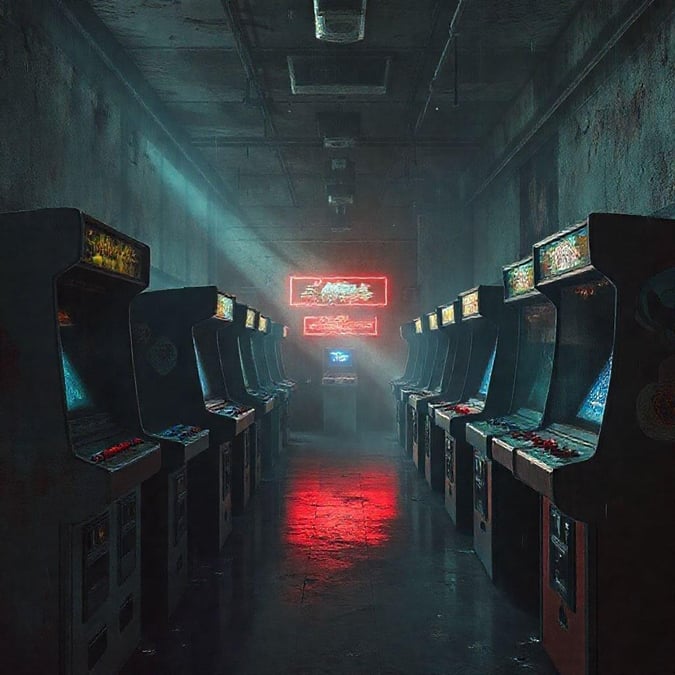 Step into the nostalgic world of video games with this arcade setup, featuring vintage machines ready for players to show their skills. The red neon sign adds a glowing touch against the dimly lit backdrop, inviting you into a classic gaming experience.