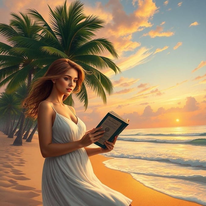 A woman in white enjoys her book at sunset on the beach. A peaceful moment of relaxation.