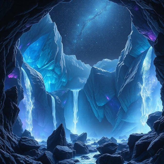 Step into this mystical icy cave where blue-tinted waterfalls cascade through the darkness, revealing a hidden world of ethereal beauty.