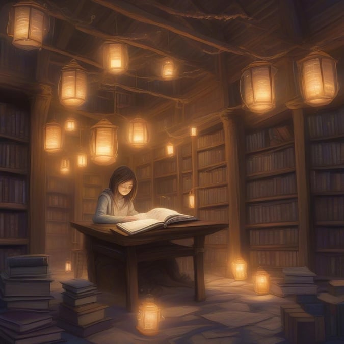 A young girl finds solace in her magical library, surrounded by the glowing warmth of floating candles. She reads from an ancient tome, perhaps a book of magic or lore.