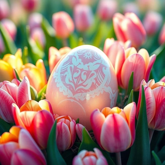 An elegant hand-painted Easter egg, intricately decorated with floral designs, set against the vibrant backdrop of a tulip garden.