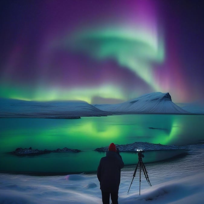 A traveler captures the breathtaking beauty of the Northern Lights reflecting on the tranquil lake in Iceland.