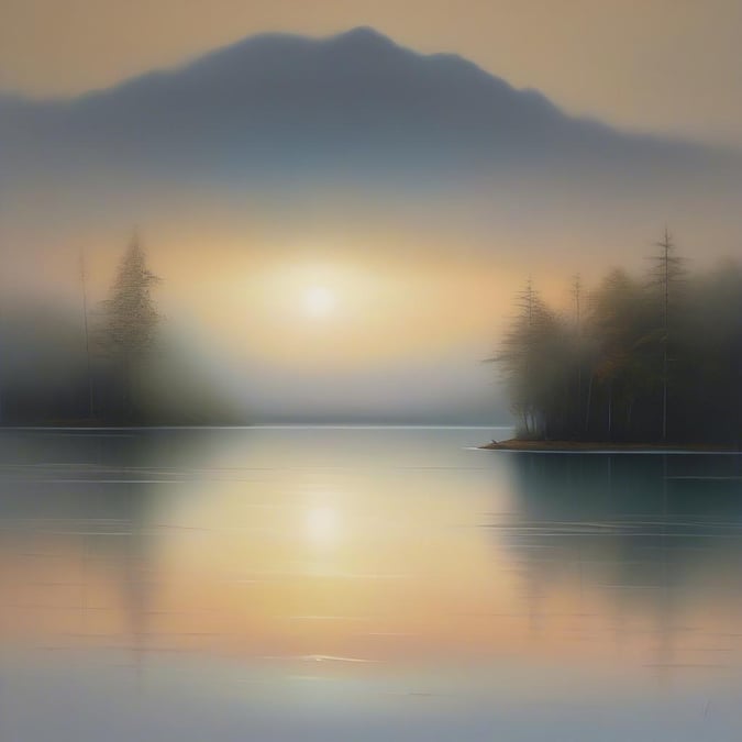 A tranquil scene with the sun setting over a calm lake, encircled by snow-capped mountains. A serene and chilly atmosphere, perfect for a relaxing wallpaper.