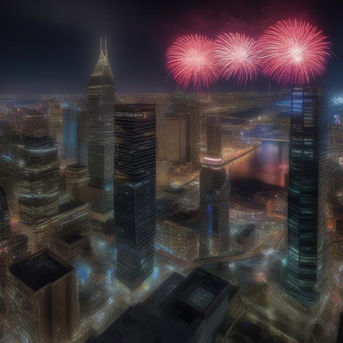 A bustling urban cityscape at night, beautifully lit by the city lights. The skyline features towering skyscrapers and a river running through. To celebrate the New Year, colorful fireworks explode into the sky above, casting a festive glow over the scene.