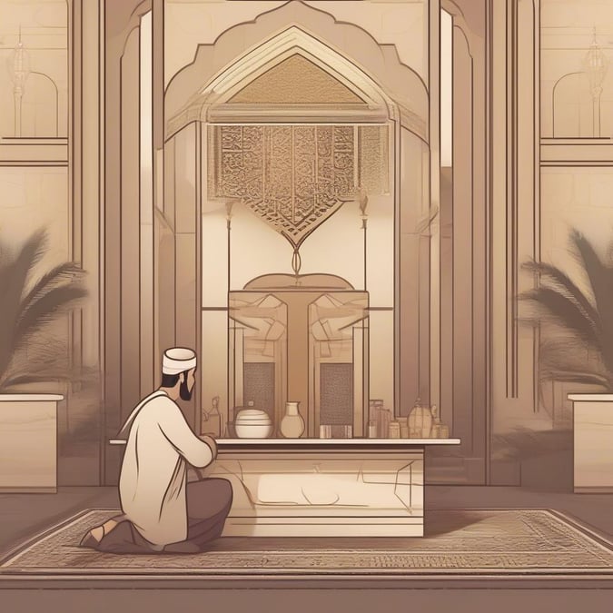 A peaceful moment inside a mosque during Ramadan, where a man in prayer robes bows down in devotion.