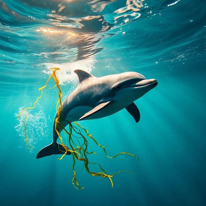 This stunning image captures a dolphin swimming in the ocean, with a piece of seaweed trailing behind it. The dolphin's sleek body is partially submerged in the water, while the seaweed adds a pop of color and texture to the scene.