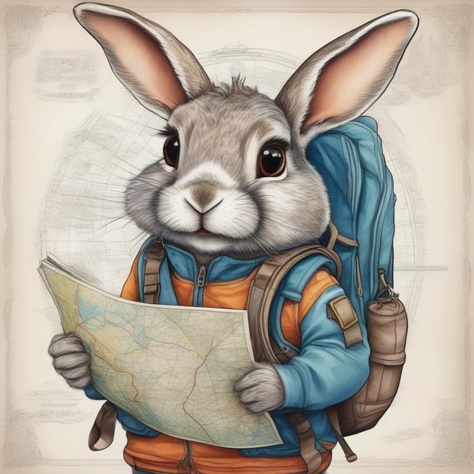 This image showcases a bunny dressed in hiking gear, ready to embark on an adventure. The bunny is equipped with a backpack and holding a map, indicating its enthusiasm for exploring the great outdoors.