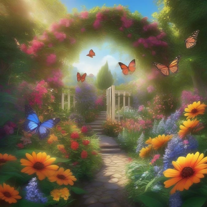 This beautiful wallpaper features a serene garden scene with vibrant flowers and butterflies, perfect for adding a touch of nature to your desktop or mobile device.