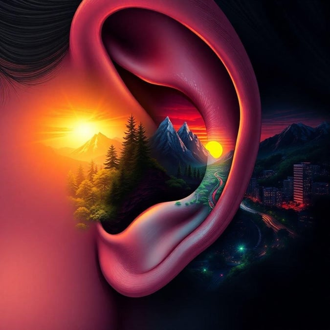 A symphony of nature's elements captured within the ear. Experience the tranquility of a sunrise in the mountains, the vibrancy of a city under the stars, and the serenity of a lake at dusk all in one glance.