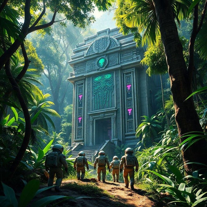 In the heart of a mysterious jungle, four brave explorers, equipped with futuristic gear, approach a monumental alien monolith. The ancient structure is surrounded by otherworldly flora and exudes a glowing energy that hints at its extraterrestrial origins.