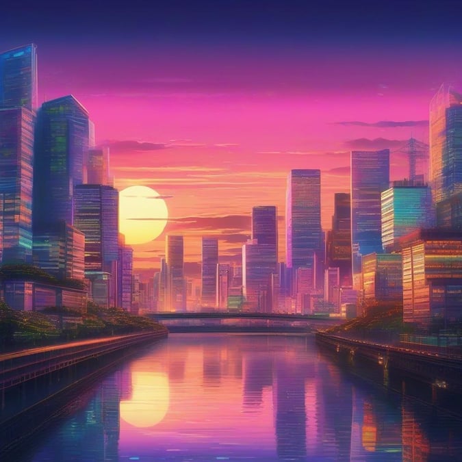 This stunning anime cityscape at sunset is a breathtaking digital illustration that captures the essence of a futuristic Tokyo. The vibrant, neon-lit scene is reflected off the water's surface, creating a sense of tranquility and depth.