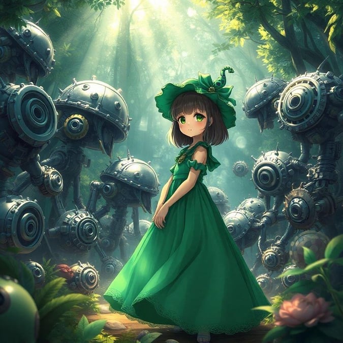 Step into a world where nature and technology blend in a captivating way. A young girl, dressed in a vibrant green dress and hat, stands amidst a forest of intricate mechanical creatures, creating an intriguing scene.