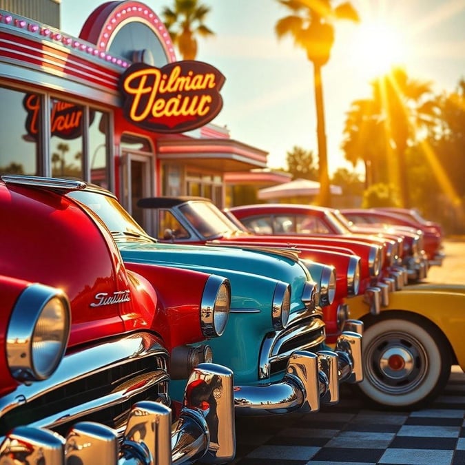 A nostalgic scene with a lineup of classic muscle cars parked outside a retro diner. The sun is out, casting a warm glow on the vibrant cars and highlighting their shiny exteriors.