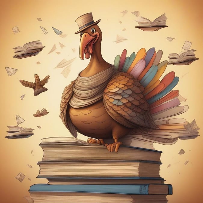 A festive illustration of a turkey perched atop a stack of books, celebrating the joy of reading on Thanksgiving.